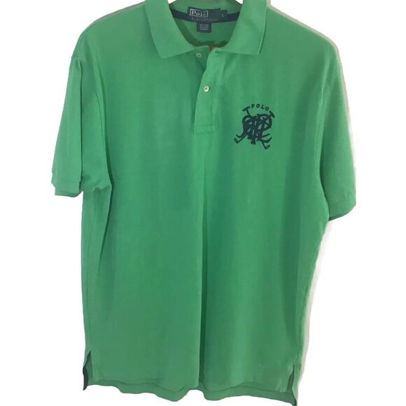 Polo By Ralph Lauren Lrge Green Pique Polo Shirt Navy Polo Crossed Mallets Crest - Picture 2 of 14
